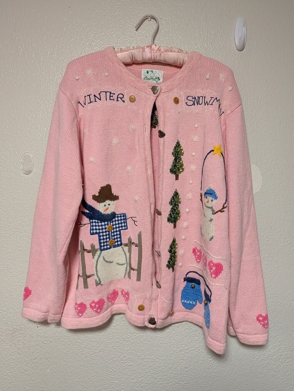 Women's Quacker Factory Pink Winter Snowman Knit Cardigan Sz L